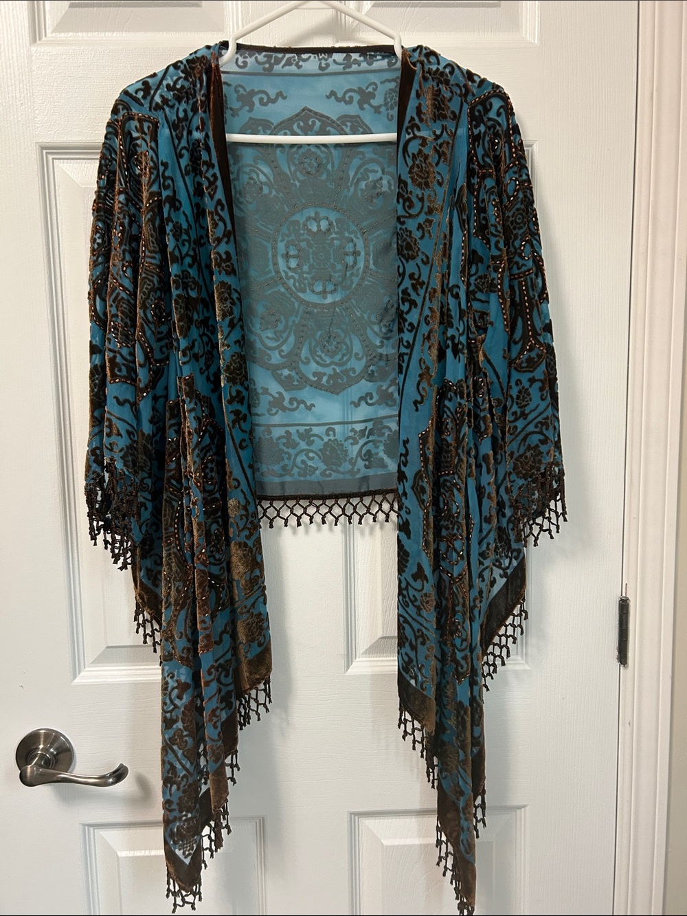Teal and Brown Decorative Velvet Kimono Wrap - Brand Unlisted